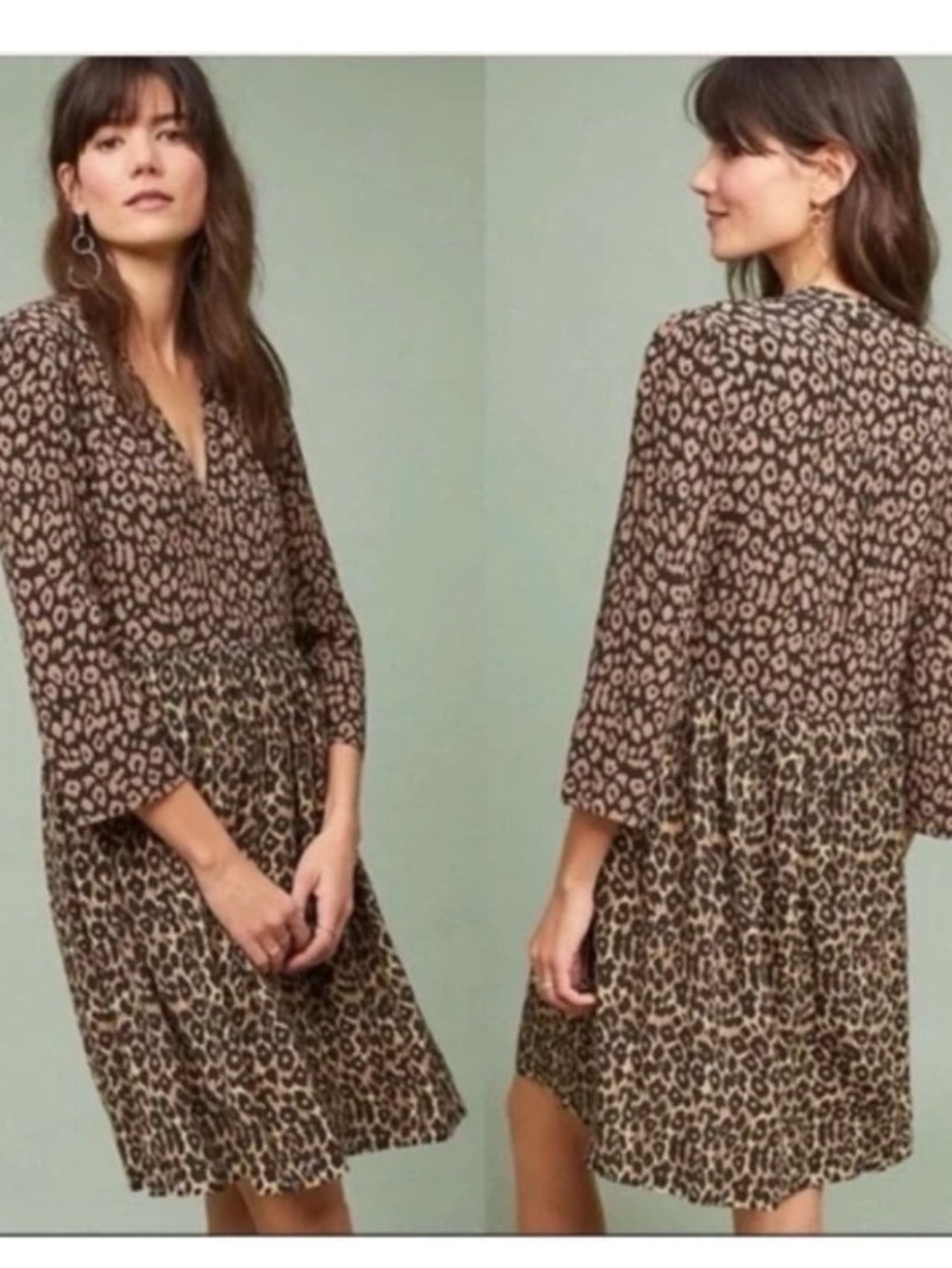 Maeve | Juno Leopard Print Oversized 3/4 Sleeve Peasant Dress M